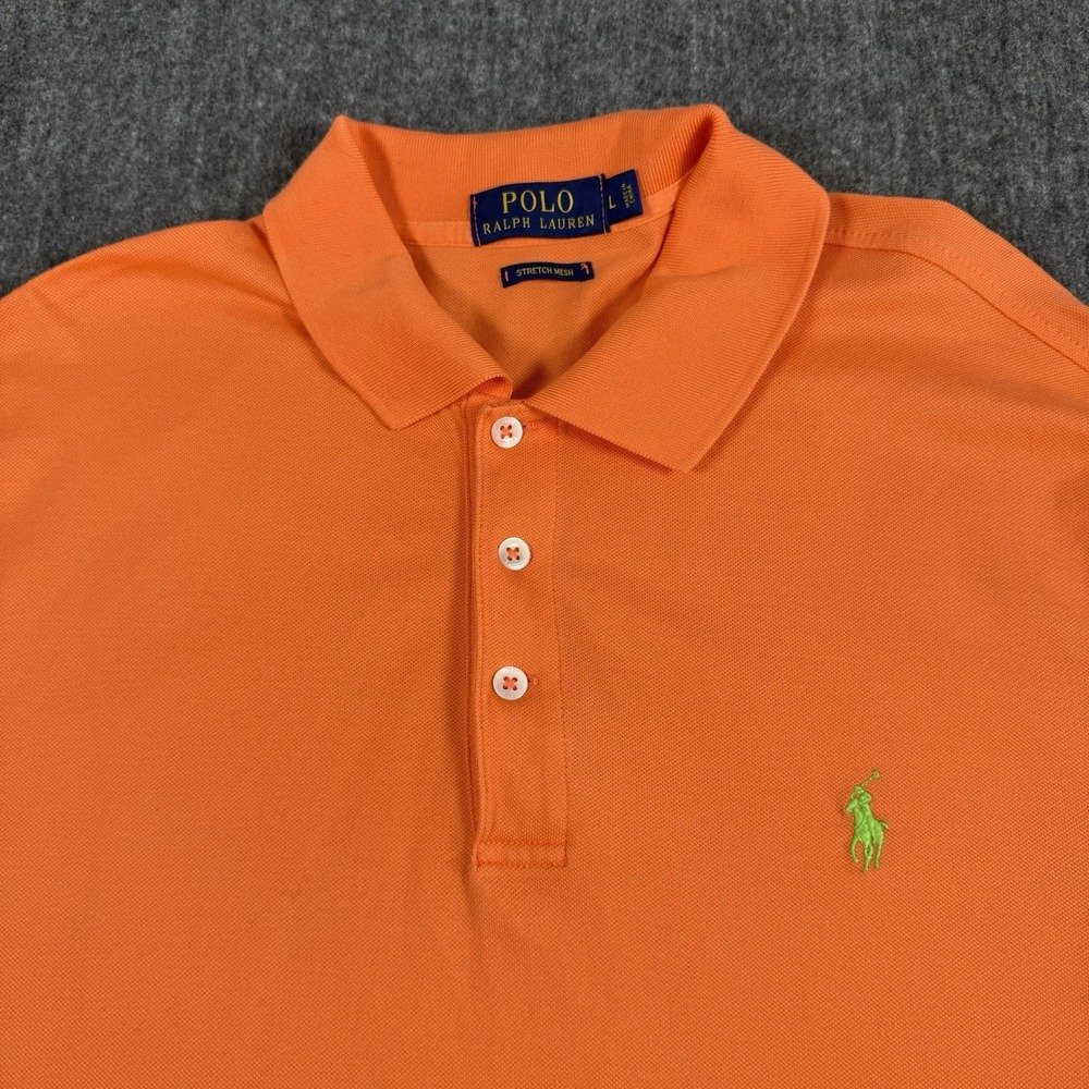 Polo Ralph Lauren Mens L Stretch Mesh Polo Shirt Orange Green Pony Cotton